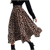 SweatyRocks Women's Leopard Print Ruffle Midi Skirt Causal High Waisted Flowy A Line Skirts