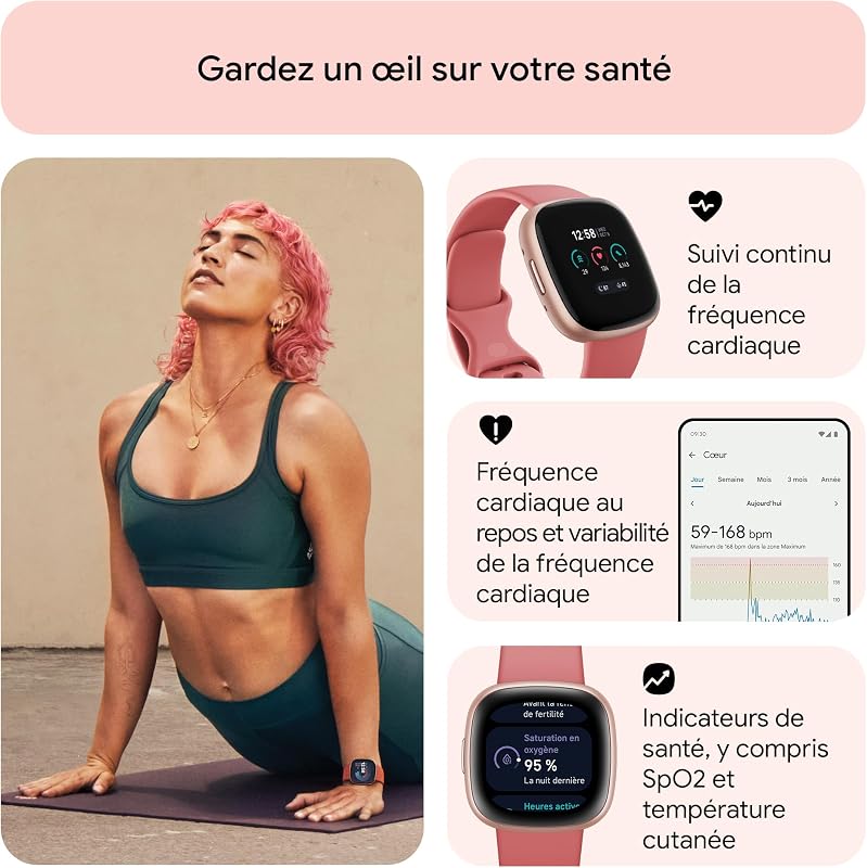 Google Versa 4 Montre connectée Sport avec Un abonnement de 3 Mois à Google Health Premium Inclus et Jusqu’à 6 Jours d’autonomie de Batterie - Sable Rose/Aluminium Rose cuivré