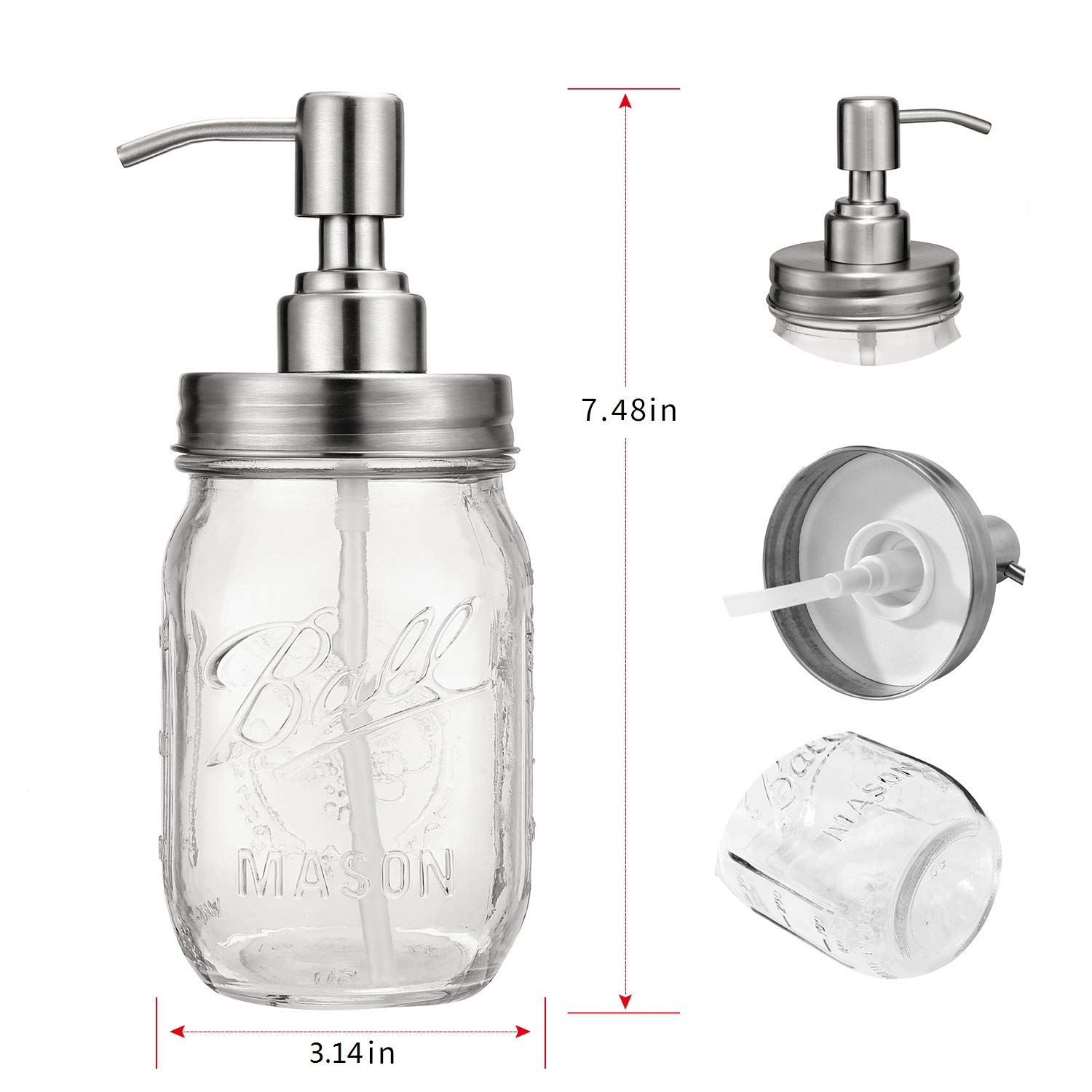 Leopardprintfans Rust Proof Mason Jar Lotion Soap Dispenser Lid-Clear Glass，304 Stainless Steel，16 Ounce