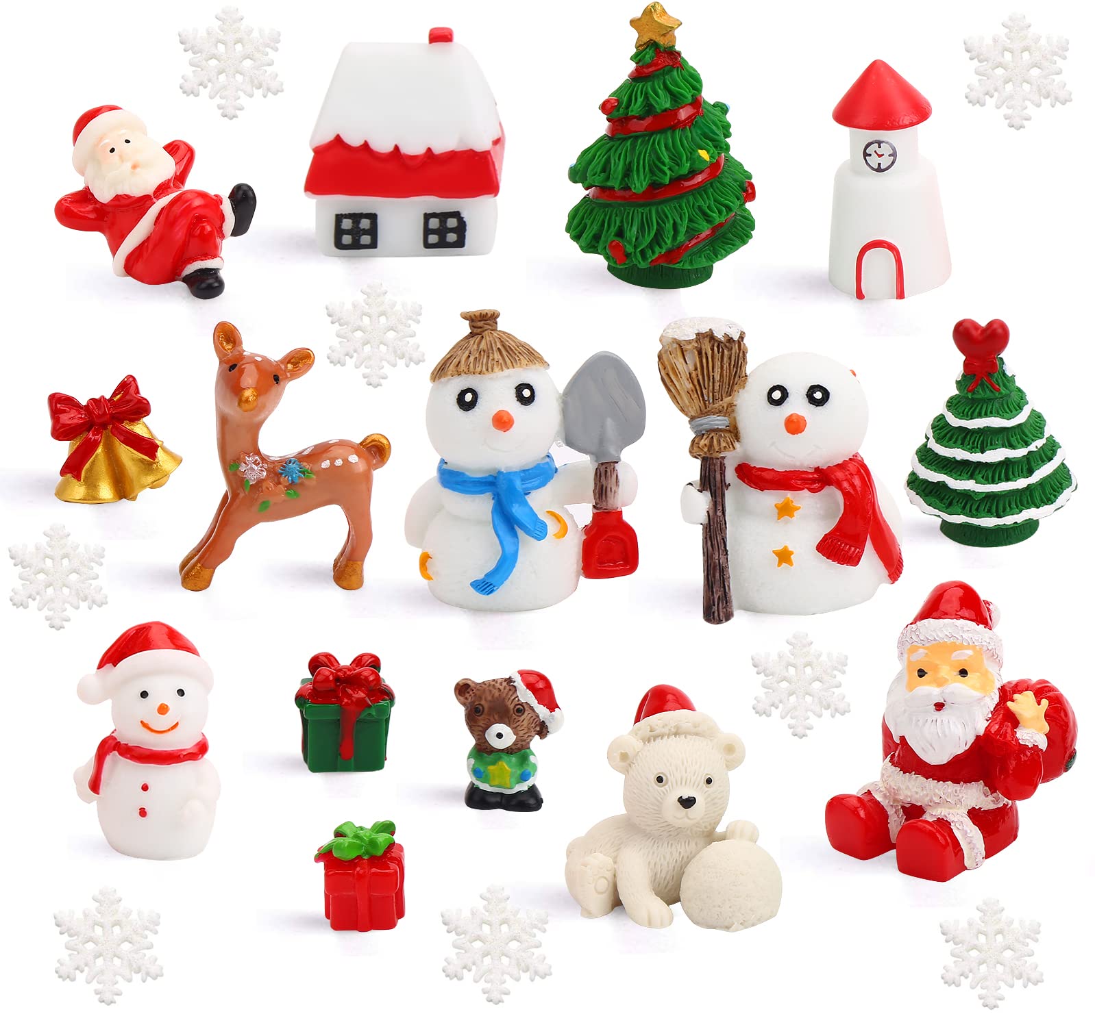 FINGOOO 30 pieces Christmas Resin Ornament, Christmas Tableware Assorted Snowman, Santa, Reindeer, Snowflake, Xmas tree Assorted for Kids Home Decor