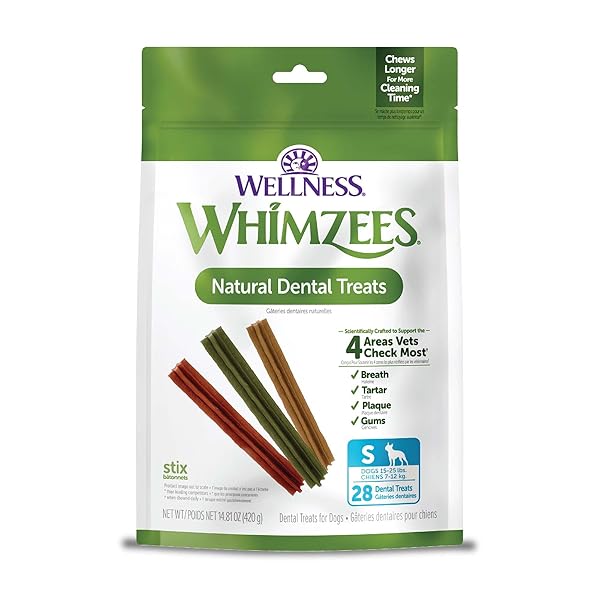 WHIMZEES WELLNESS STIX DOG DENTAL TREATS, NATURAL CHEWS, SMALL SIZE STICK, (28 COUNT)