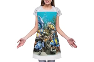 NONHAI Kitchen Bib Apron with Pockets 3D Ocean Fish Cooking Apron Adjustable Chef Apron for Women Men
