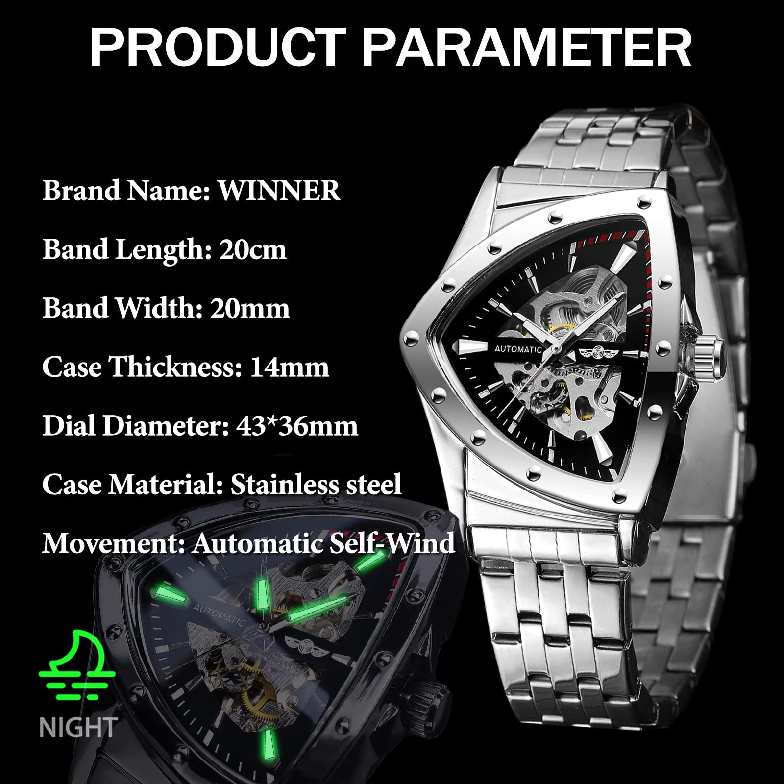 FORSINING Triangle Skelett Herren Automatische Mechanische Uhr Luxus Gold Schwarz Edelstahl Uhren Wasserdicht Leuchtende Sport Armbanduhr, Silber / Schwarz, Modern