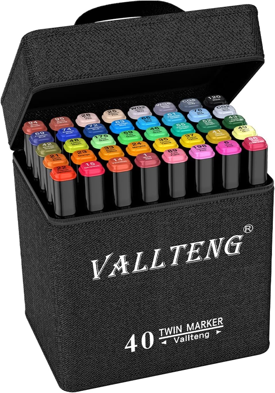 Vallteng 40 Colors Permanent Art Markers Twin Marker Pen Broad Fine Point Black Animation Design for Drawing Coloring, with Carrying Case and Base