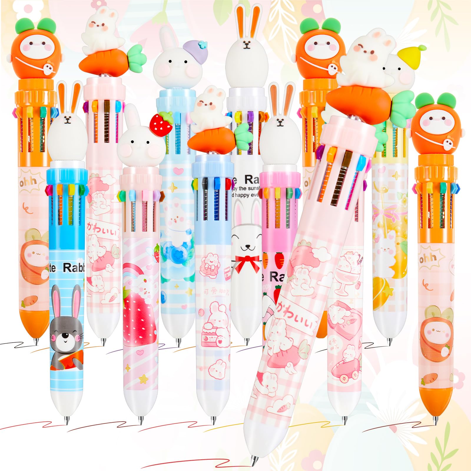 Photo 1 of Kosiz 12 Pcs Easter Bunny Pens 0.5 mm Multicolor 10 in 1 Retractable Ballpoint Pens Animals Cute Cartoon Easter Gift for Students Coworkers Office School Supplies