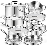EWFEN Stainless Steel Cookware Set, 3 Ply 17 Piece Stainless Steel Pot and Pan Set, Oven Dishwasher Safe | Induction Compatible Frying Pans, Saucepans, Saute Pan & Stock Pot, PFOA, PTFE & PFOS Free
