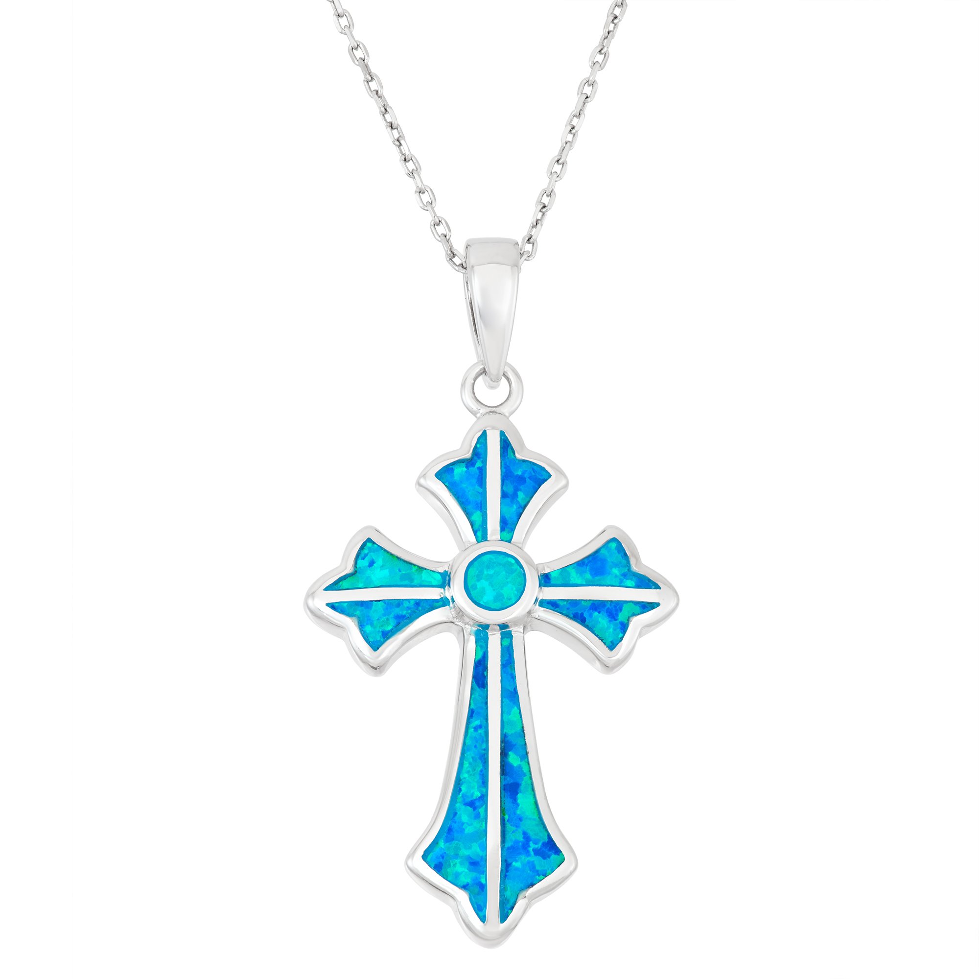 Beaux BijouxSterling Silver Created Opal Cross Necklace for Women | Simulated Blue Opal Cross Pendant | 18 inch Cross Necklace