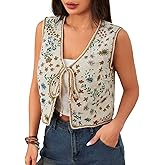 Verdusa Women's Boho Tie Front Jacquard Cowgirl Vest Waistcoat Sleeveless Jacket