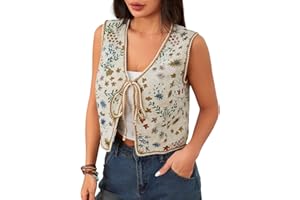 Verdusa Women's Tie Front Jacquard Vest Waistcoat Boho Sleeveless Jacket