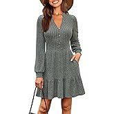 Kranda Women 2026 Spring Long Sleeve Button V Neck Casual Knit Ribbed Winter Sweater Short Mini Dresses with Pockets