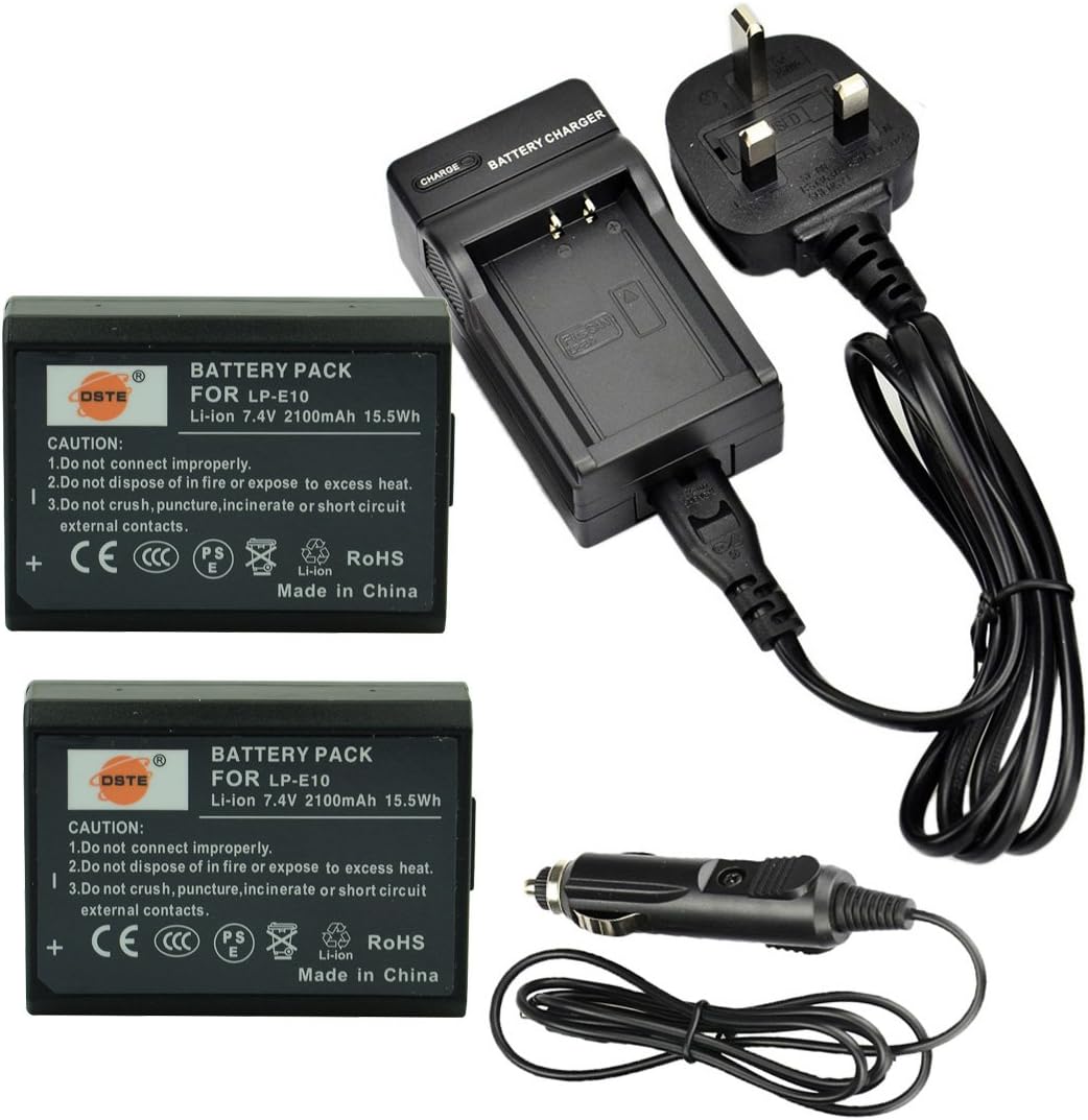 DSTE® 2x LP-E10 Rechargeable Li-ion Battery + DC117U Travel and Car Charger Adapter for Canon EOS 1100D, EOS 1200D