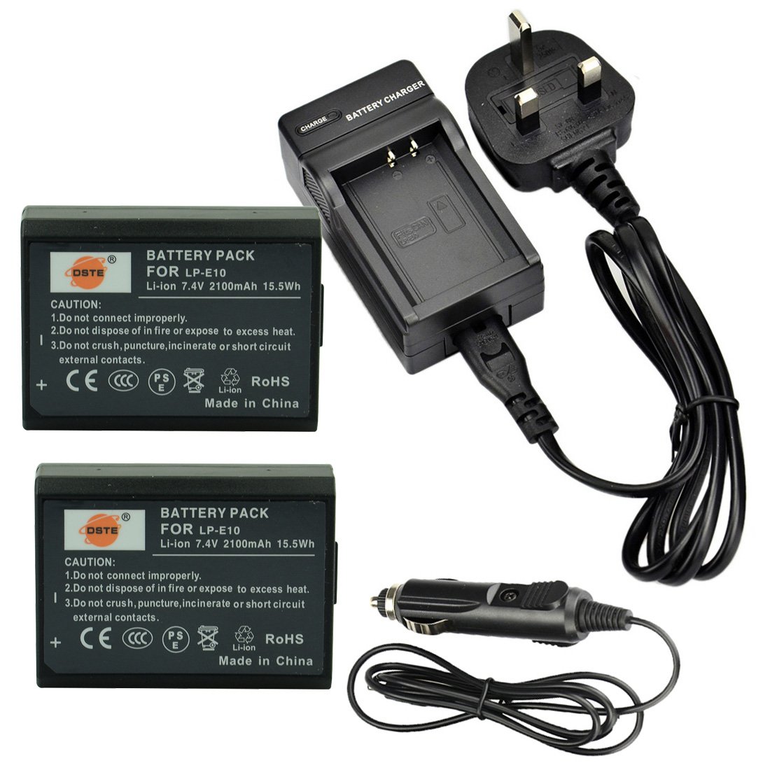 DSTE® 2x LP-E10 Rechargeable Li-ion Battery + DC117U Travel and Car Charger Adapter for Canon EOS 1100D, EOS 1200D, EOS Kiss X50, EOS Kiss X70, EOS Rebel T3, EOS Rebel T5 Digital Camera
