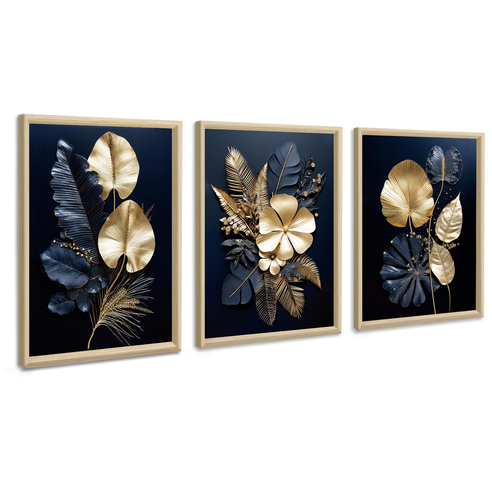 FajerminArt 3 Panels Modern Framed Canvas Wall Art Navy Blue Gold Flowers Coconut Leaves Pictures Painting on Canvas Prints for Living Room Bedroom Office Wall Decor Stretched On Frame 30x40cmx3 Pcs