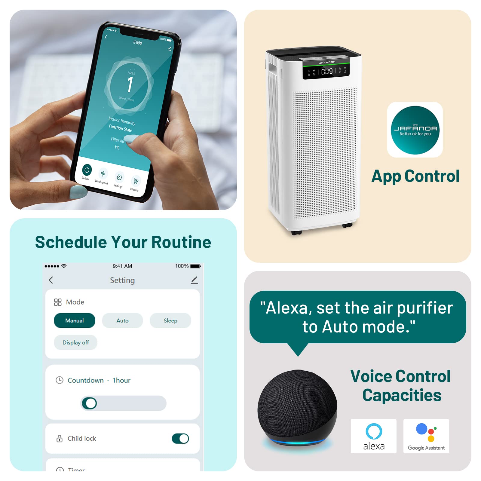 Jafända Air Purifier for Home Large Room 3800 ft², APP & Alexa, Ture HEPA Activated Carbon Air Filter, Smart HEPA Air Purifiers for Office Remove Dust Pollen Smoke Allergies Mold Odors Pet Dander VOCs