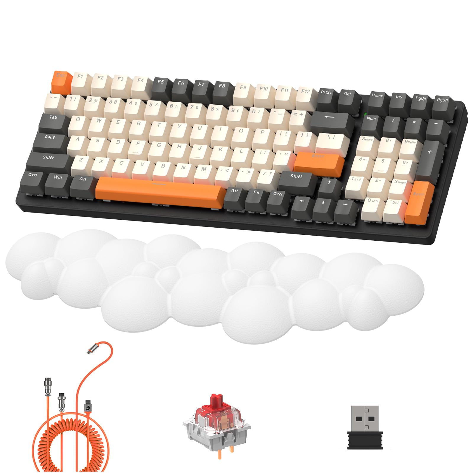 LexonElec K6 Wireless Mechanical Keyboard with White Cloud Wrist Rest, 100 Keys, QWERTY Layout, 4000mAh, Wired/ 2.4Ghz/Bluetooth 5.0,RGB Backlit,Custom Coiled Cable for Gaming-Twilight Red Switch