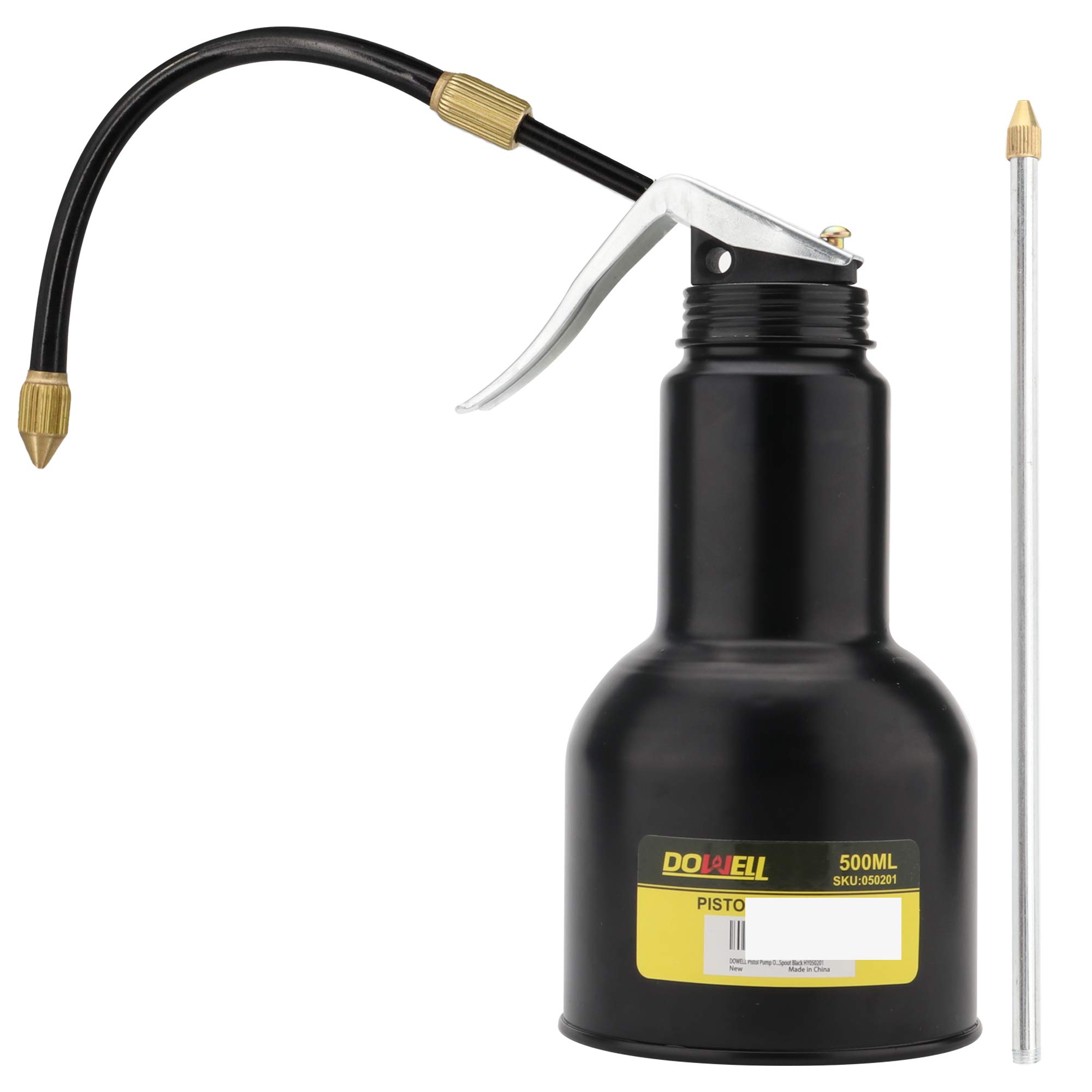 DOWELL Pistol Pump Oiler Metal Oil Can Lubrication Oil Gun 16oz 500ml Can Bottle with 2-Pieces Straight Spout Black HY050201