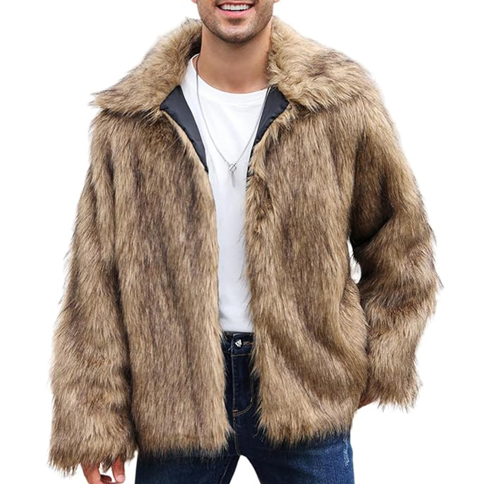 Photo 1 of Gihuo Faux Fur Coat Winter Jackets for Men Mens Winter Coats Faux Fur Jacket Warm Fluffy Furry Trench Fake Fur Jacket (Brown-L)