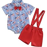 Doqcey Baby Boy 4th of July Outfit American Flag Short Sleeve Button Down Shirt Romper Suspender Shorts 2Pcs Clothes Set