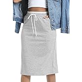 Mefija Women's Midi Skirt Drawstring Elastic Waist Sweat Skirts Back Slit with Pockets