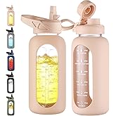 CIVAGO 32 oz Glass Water Bottle with Straw and Handle, Large Sports Motivational Water Bottle Flask with Time Marker and 2 Lids, Leakproof Water Jug Canteen with Silicone Sleeve for Gym,Beige