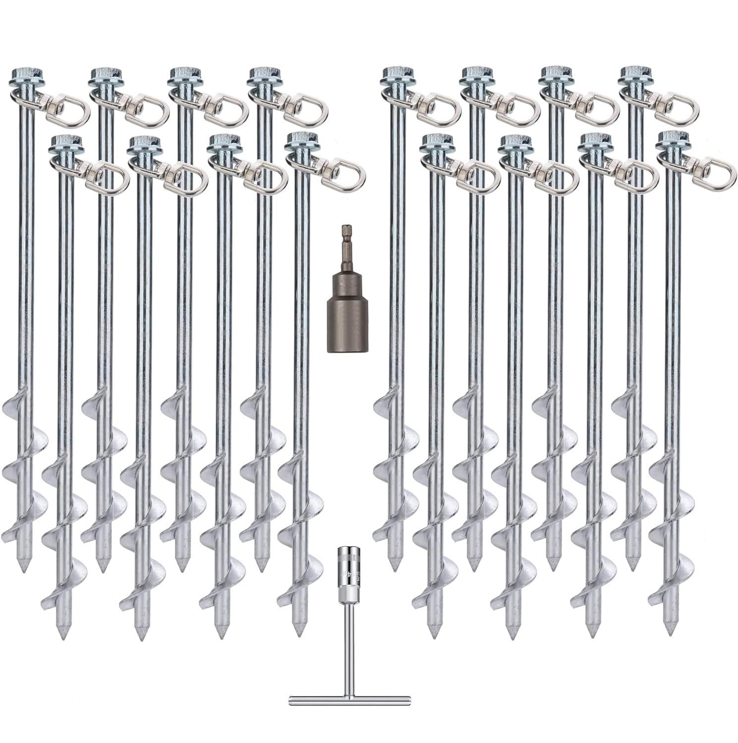 30cm Screw in Tent Stakes 16Pcs Set with T-handle hex wrench and Drill Bit- Heavy Duty Ground Stakes for Mobile Home, Shed, Trampoline