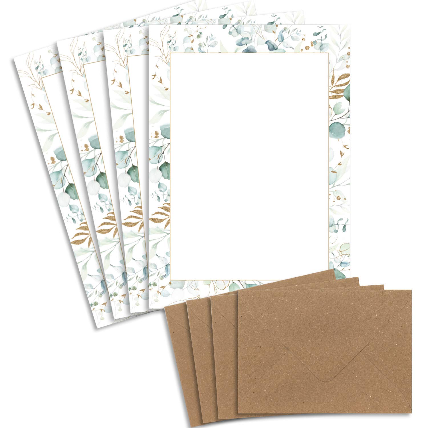 25 Sets of Letter Paper DIN A4 – Natural Paper in Cream – Frame with Eucalyptus Branches – with Envelopes DIN C6 in Kraft Paper Natural Brown Letter Paper – Printable – Ideal for Wedding Invitations