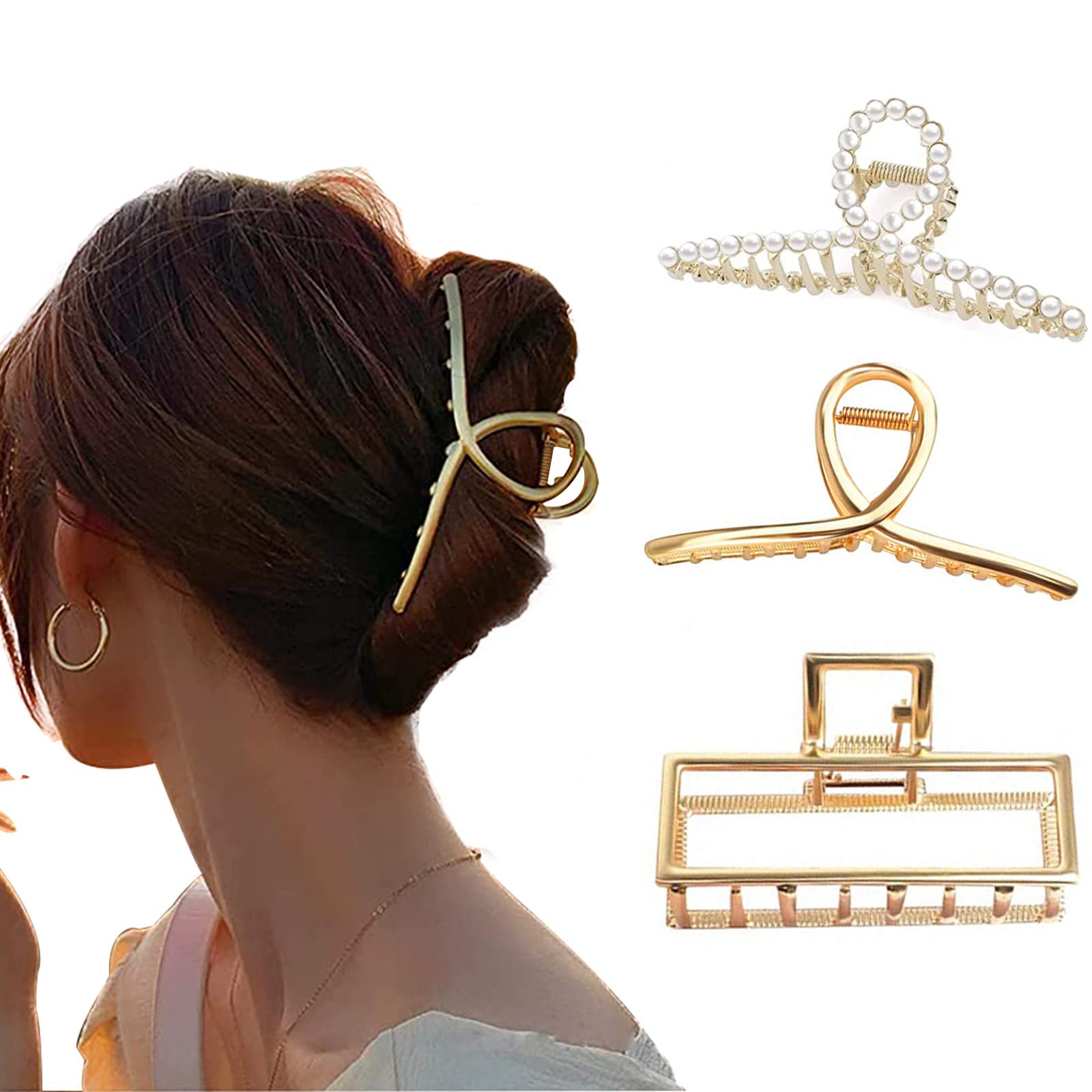 Metal Hair Claw for Women Strong Hold Gold Claw Clip 3Pcs Large Claw Clip for Girls Thick Thin Fine Hair Shark Pearl Hair Clip