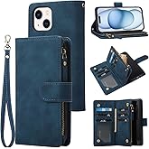 RANYOK Wallet Case for iPhone 15 (6.1 inch) with RFID Blocking Credit Card Holder, Premium PU Leather [Zipper Pocket] Flip Folio Case Wallet with Wrist Strap Kickstand Protective Case (Blue)