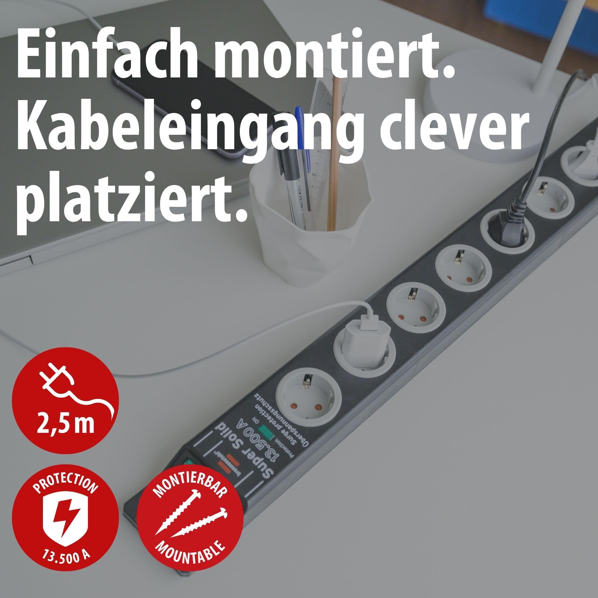 Brennenstuhl Super-Solid Steckdosenleiste 8-Fach mit Überspannungsschutz (Steckerleiste mit 2,5m Kabel und Schalter, Mehrfachsteckdose aus bruchfestem Polycarbonat) schwarz/grau 2
