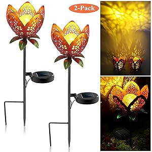 Lucstar Outdoor Solar Lights Garden Solar Flower Light for Pathway Decorative, Waterproof, Auto Lighting, Classic Retro Metal Hollow Landscape Stake Led Lamp For Yard Patio Party 2Pack-Red