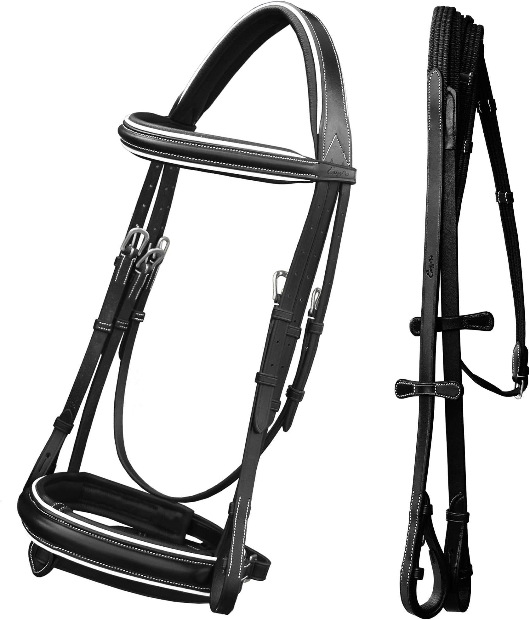 ExionPro Comfort Lined White Piping Mono Crownpiece Raised Browband & Broad Detachable Flash Crank Noseband Dressage Horse Bridle with Web Reins & Hand Stoppers | Dressage Bridles for Horses