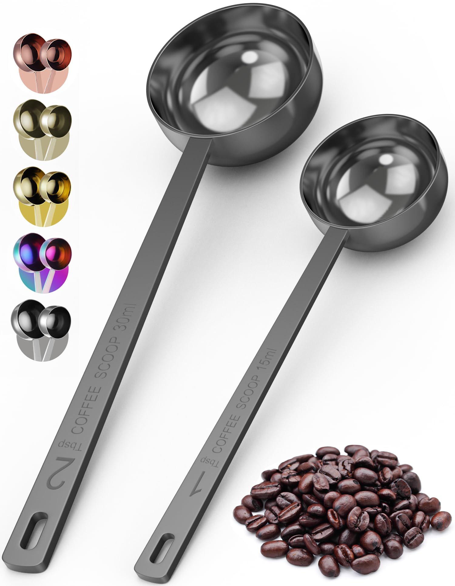 ORBLUE Stainless Steel Coffee Scoop Set 2 Pack – 1 Tbsp (15 ml) & 2 Tbsp (30 ml) Coffee Measuring Spoons with Long Handle, Dishwasher Safe Gift for Coffee Lovers – Black