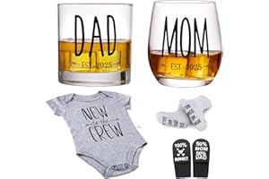 AXQANIA New Parents Pregnancy Gift – Mom and Dad Est 2025 11 oz Whiskey Glass Gift Set with Romper (0-3 Months) and Baby Socks ​- Top New Parents Gifts for Mom and Dad to Be - Baby Shower