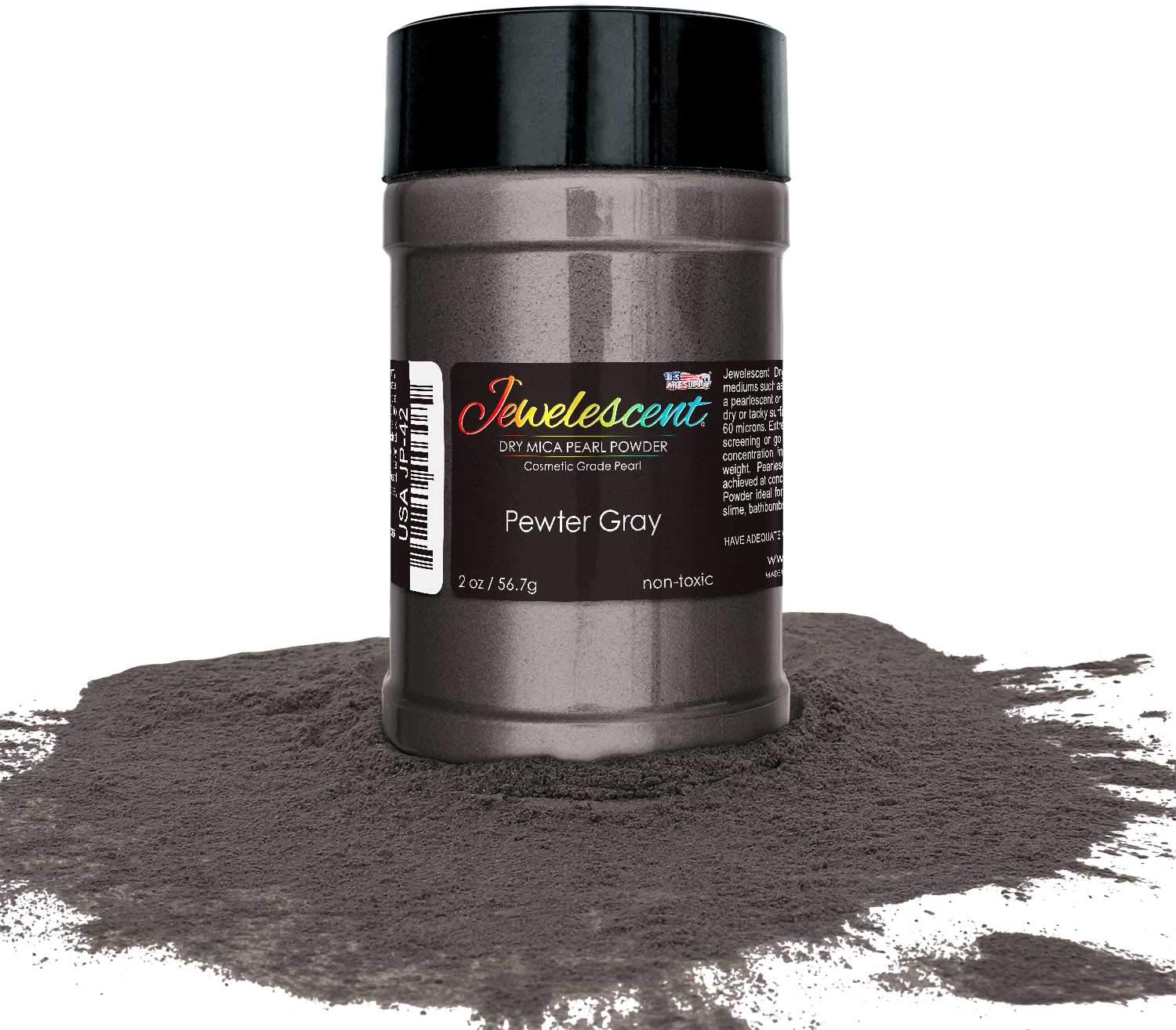 U.S. Art Supply Jewelescent Pewter Grey Mica Pearl Powder Pigment, 2 oz (57g) Shaker Bottle - Cosmetic Grade, Non-Toxic Metallic Color Dye - Paint, Epoxy, Resin, Soap, Slime Making, Makeup, Art
