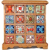 Terrapin Trading Fair Trade Mangowood 16 Drawer Hand Painted Indian Ceramic Storage Chest 33cm