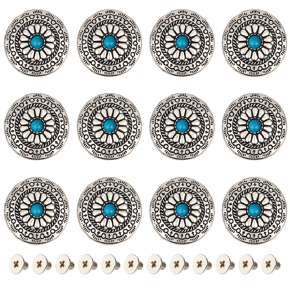 GORGECRAFT 1 Box 12PCS 30mm Screw Back Buttons Blue Turquoise Conchos Round Vintage Buttons Sunflower Daisy Decorative Screws Rivets Buckles Replacement for DIY Leather Craft Fabrics Decor