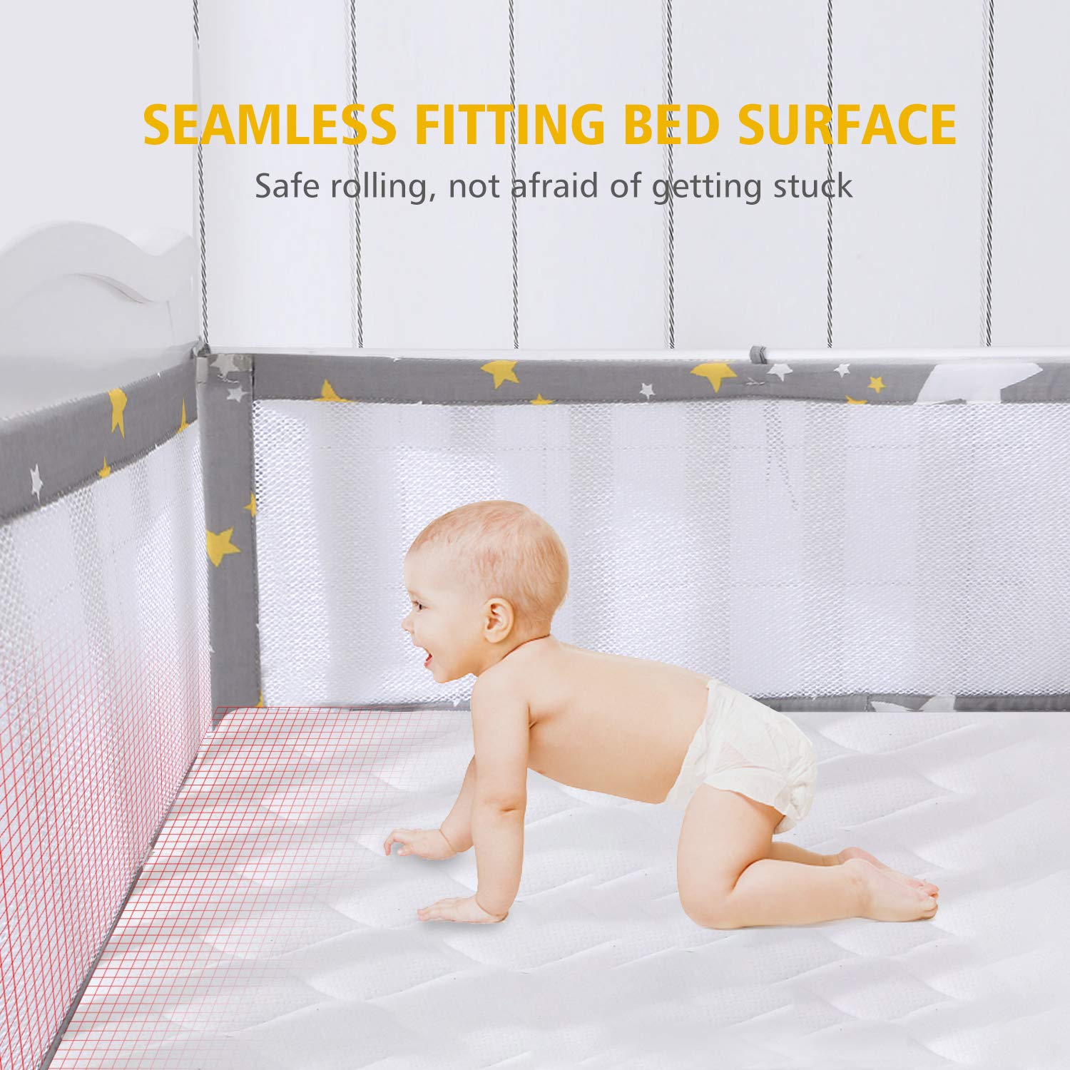 LMMKARE Upgrade Long Ties Mini Mesh Crib Bumpers Breathable for Boys Safe Pads for Standard Baby Crib Liner Classic Grey Stars 52" x 12" x 2pcs : Baby