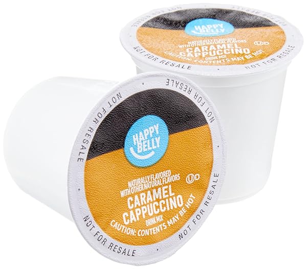 AMAZON BRAND – HAPPY BELLY CAPPUCCINO COFFEE PODS COMPATIBLE WITH K CUP BREWERS, LIGHT ROAST, CARAMEL FLAVORED, 24 COUNT, 12.72 OUNCE (PACK OF 1)