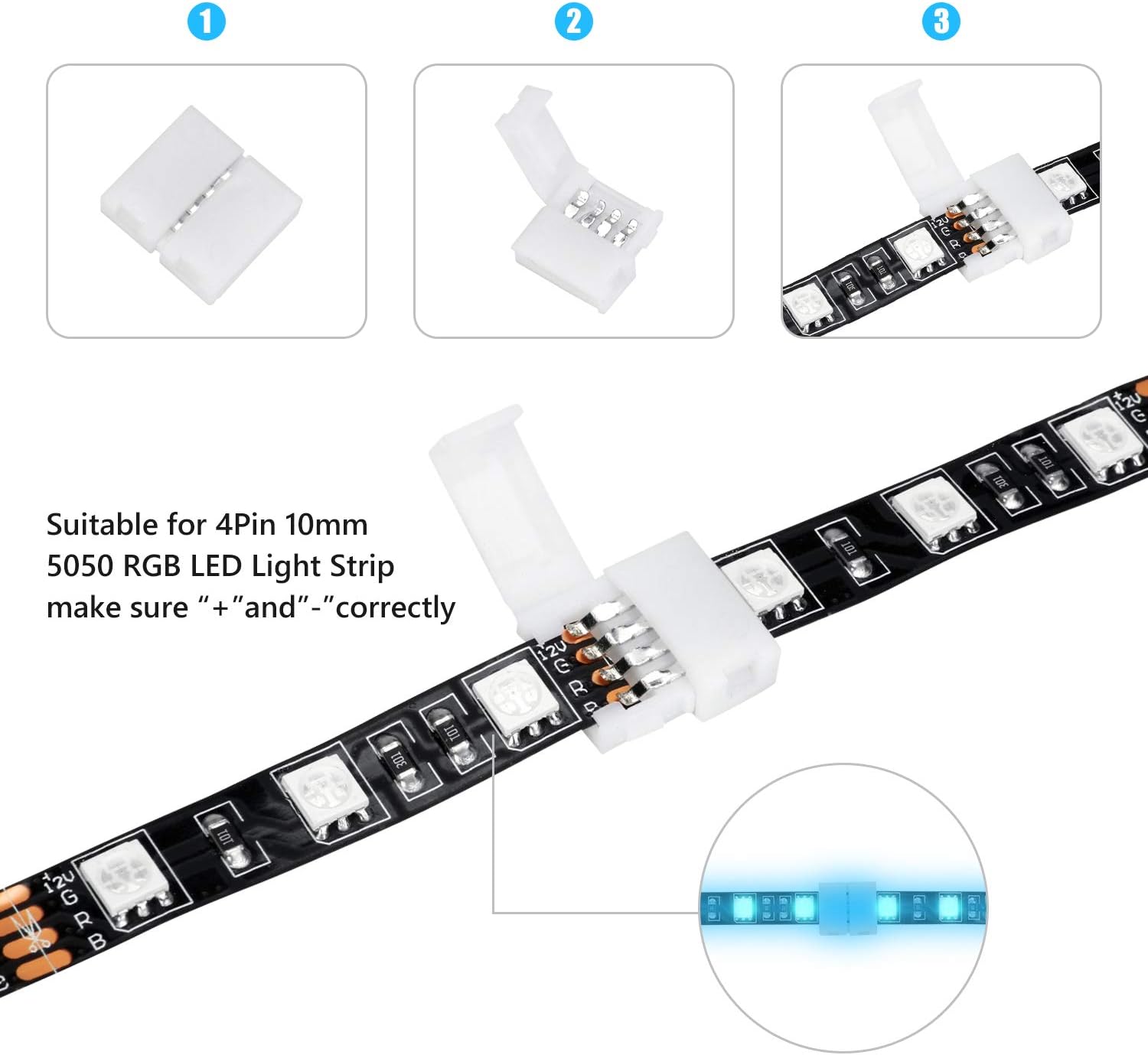 10Packs 4-Pin RGB LED Light Strip Connectors 10mm Unwired Gapless Solderless Adapter Terminal Extension for SMD 5050 Multicolor LED Strip (10Pack 4PIN RGB Connector) - - 