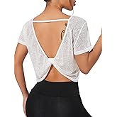 SweatyRocks Women's Twist Cutout Open Back Short Sleeve Sheer Mesh Workout T Shirts Smocked Crop Top