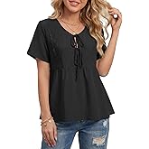 Umenlele Women's Tie Front Babydoll Hollow Out Short Sleeve Casual Shirt Tops