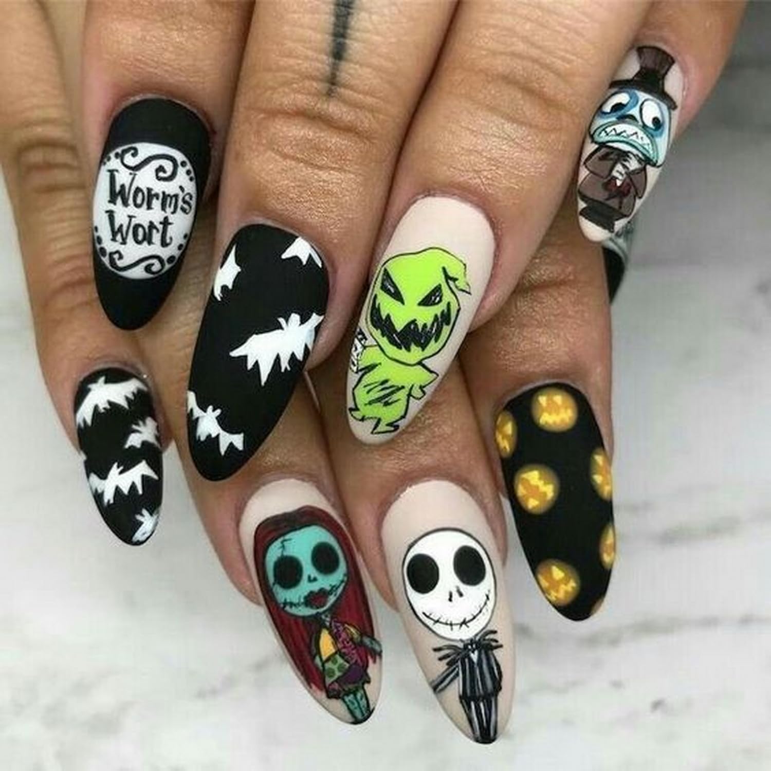 Halloween Press on Nails Almond Medium Length Fake Nails Matte False Nails with Skull Pumpkin Bats Designs Scary Nightmare Before Christmas Nails Full Cover Acrylic Glue on Nails for Women Manicure