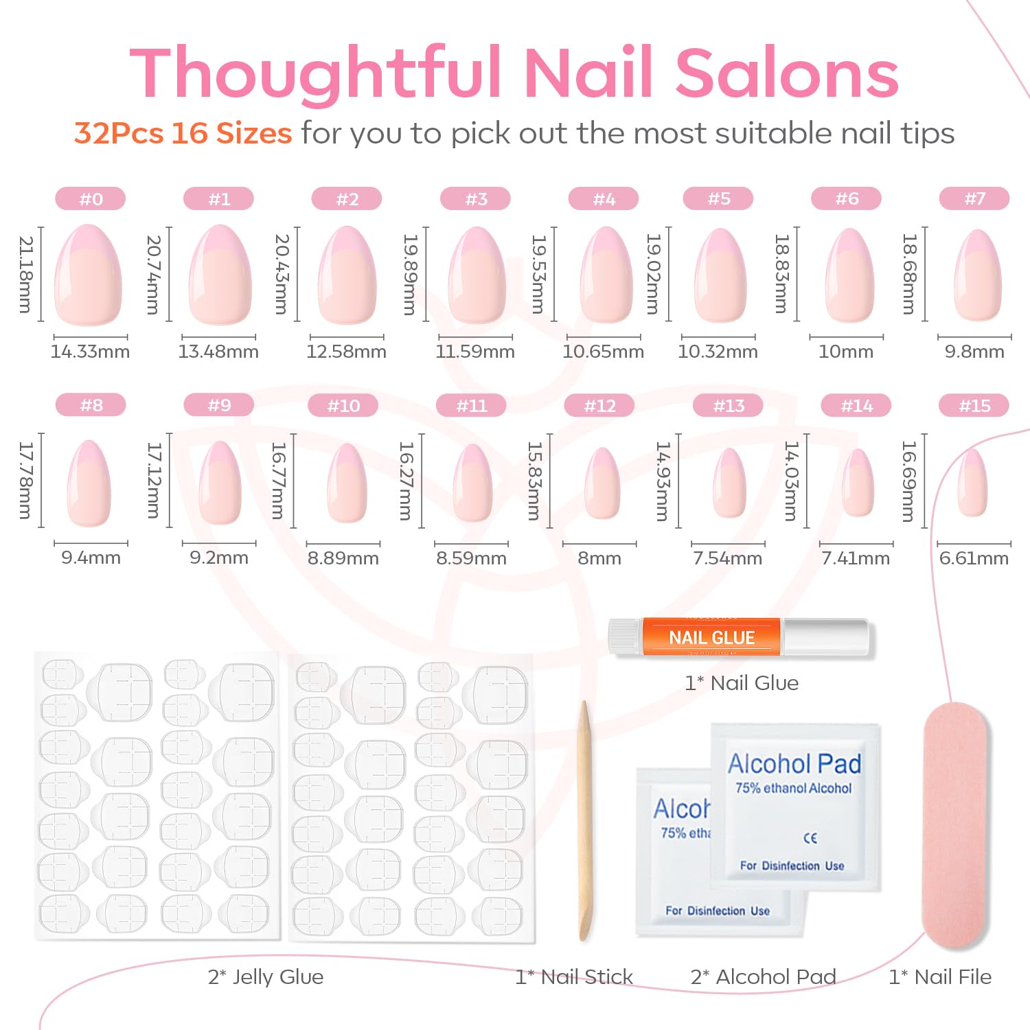 Modelones Pink French Tip Press on Nails Almond, Short Almond Fake Nails, Spring Easter Nail Kit with Nail Glue Adhesive Tabs Mini Nail File, Nails Press Ons 32Pcs16 Sizes, Women Girl Gift - Image 3
