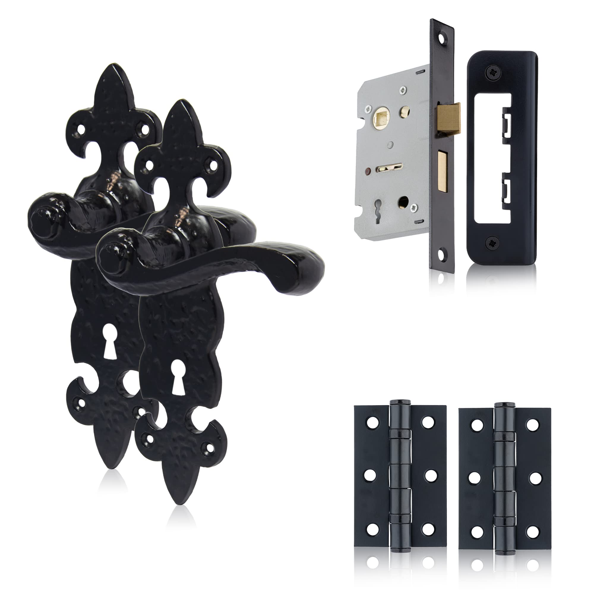 XFORT Smithy's Range Fleur De LYS Lever Lock Pack Black Antique - Complete Set with Door Handles, 65mm Sash Lock and 75mm Hinges.