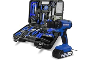 COMOWARE Household Tool Set with 20V Cordless Drill Driver, 120Pcs Hand Tool Kit for Men, Power Drill Set with Plastic Toolbox, Ideal for Office, Garden, DIY Project