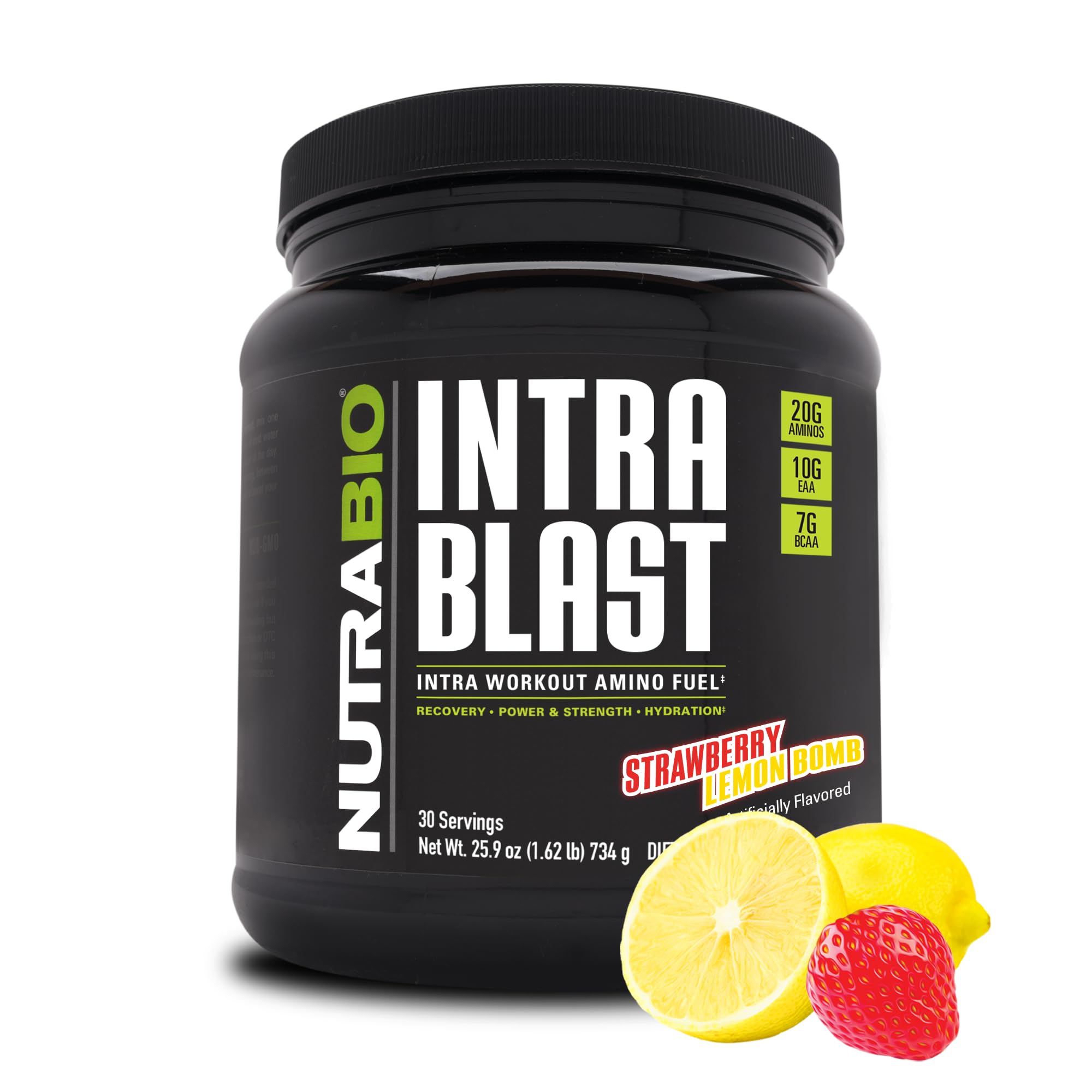 NutraBio Intra Blast Bcaa Powder Amino Acid Supplement, Electrolyte & Hydration Blend, Intra, Pre Workout & Muscle Recovery, 20g Eaa Amino Acids Powder, 5g Glutamine- Strawberry Lemon Bomb, 30 Serving