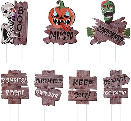 Toyandona Beangstigend Halloween Hof Zeichen 7pcs Halloween Aussendekorationen Gruselige Burgersteig Warnschilder Mit Metallpfahlen Fur Halloween Rasen Terrasse Spukhaus Lieferungen Amazon De Garten
