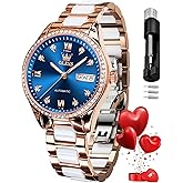 OLEVS Automatic Watches for Women Diamond Fashion Elegant Dress Mechanical Self Winding Date Ladies Wrist Watches Luxury Rose Gold Two Tone Ceramic Watch Waterproof Luminous