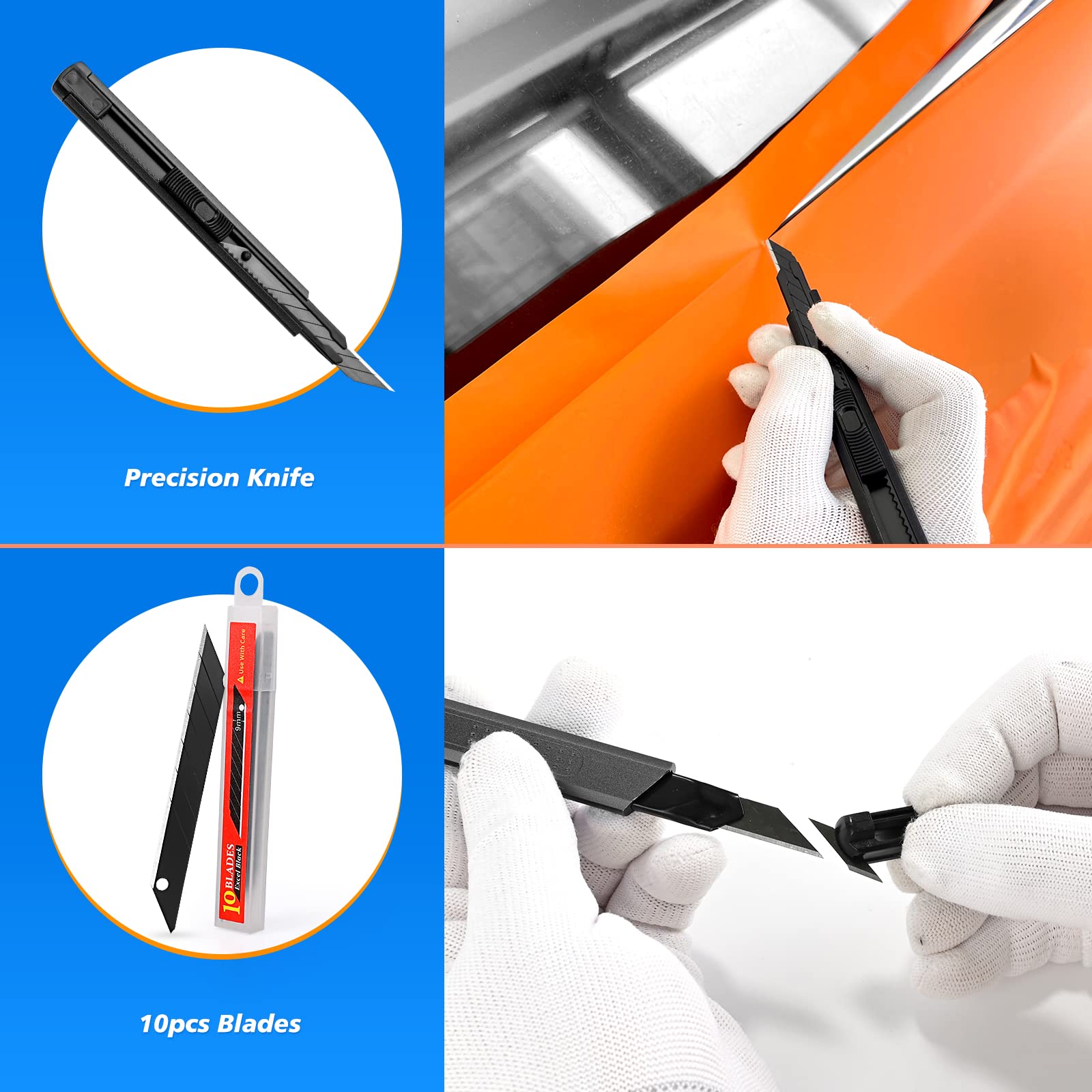 EHDIS 7 Stück Folierungs Werkzeug Auto Folierung Set Vinyl Wraps Tool Fenster Tönung Vinyl Wrap Werkzeuge Filzrakel Cuttermesser mit 10 Klingen Rakel für Car Wrapping Folie (Schwarz) 4