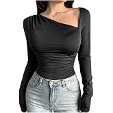 SweatyRocks Women's Long Sleeve Asymmetrical Neck T Shirt Slim Fit Ruched Tee Tops